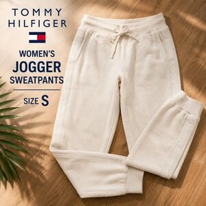 Tommy Hilfiger Sport Joggers Womens Small Cream Velour Logo Tape Sweatpants